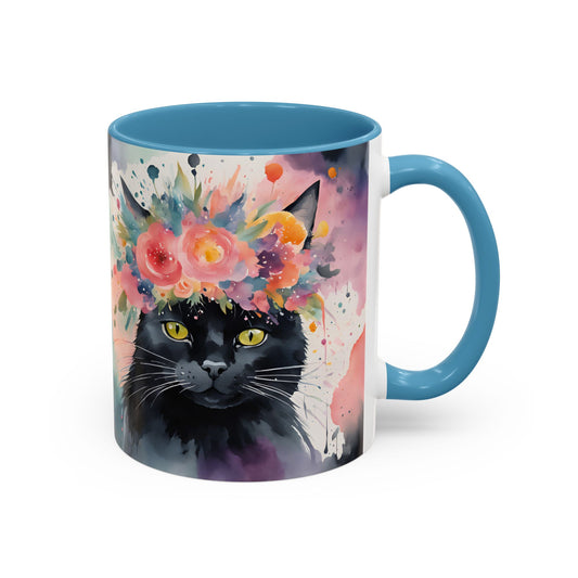 Floral Black Cat 03 Accent Coffee Mug - 11oz Perfect for Cat Lovers & Gifts