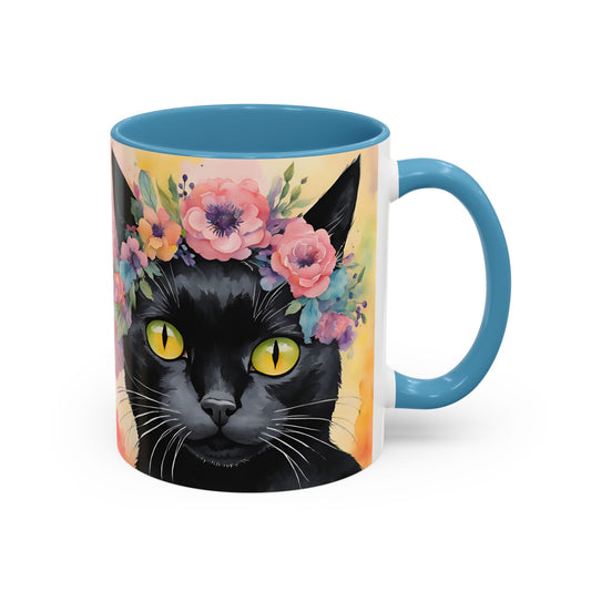 Floral Black Cat 02 Accent Coffee Mug - 11oz Perfect for Cat Lovers & Gifts
