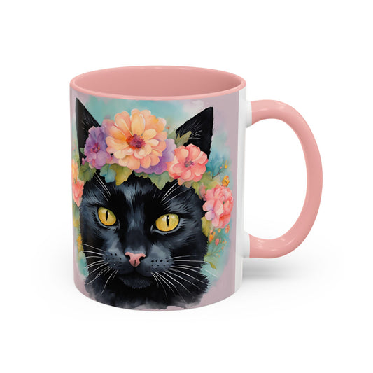 Floral Black Cat 01 Accent Coffee Mug - 11oz Perfect for Cat Lovers & Gifts