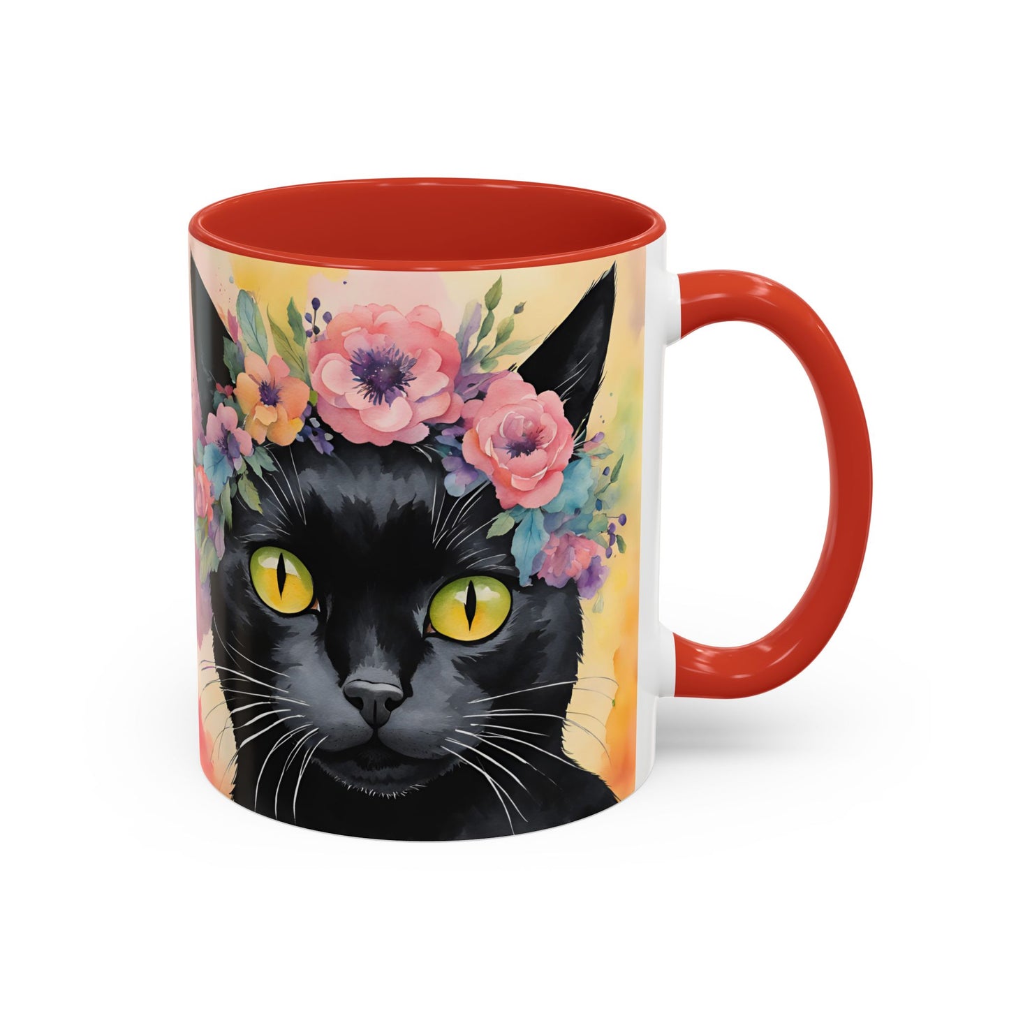 Floral Black Cat 02 Accent Coffee Mug - 11oz Perfect for Cat Lovers & Gifts