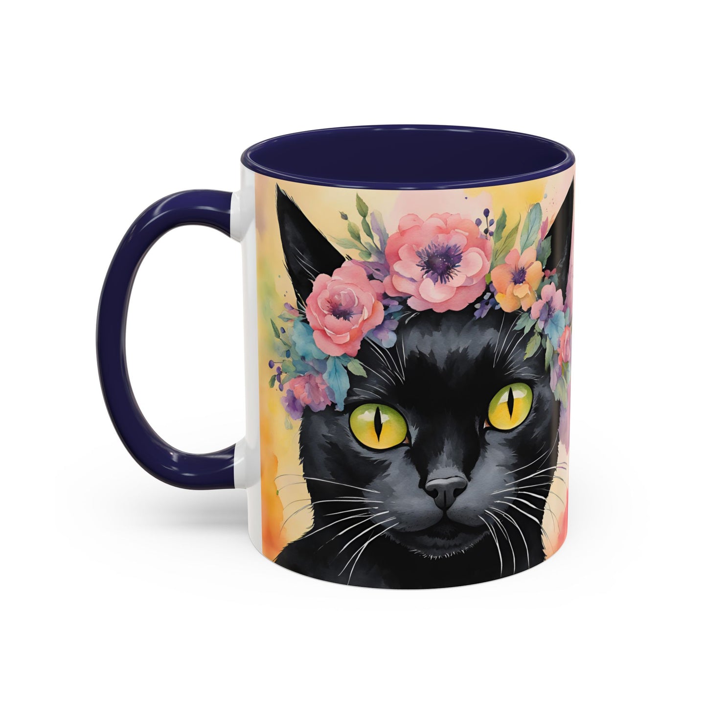 Floral Black Cat 02 Accent Coffee Mug - 11oz Perfect for Cat Lovers & Gifts