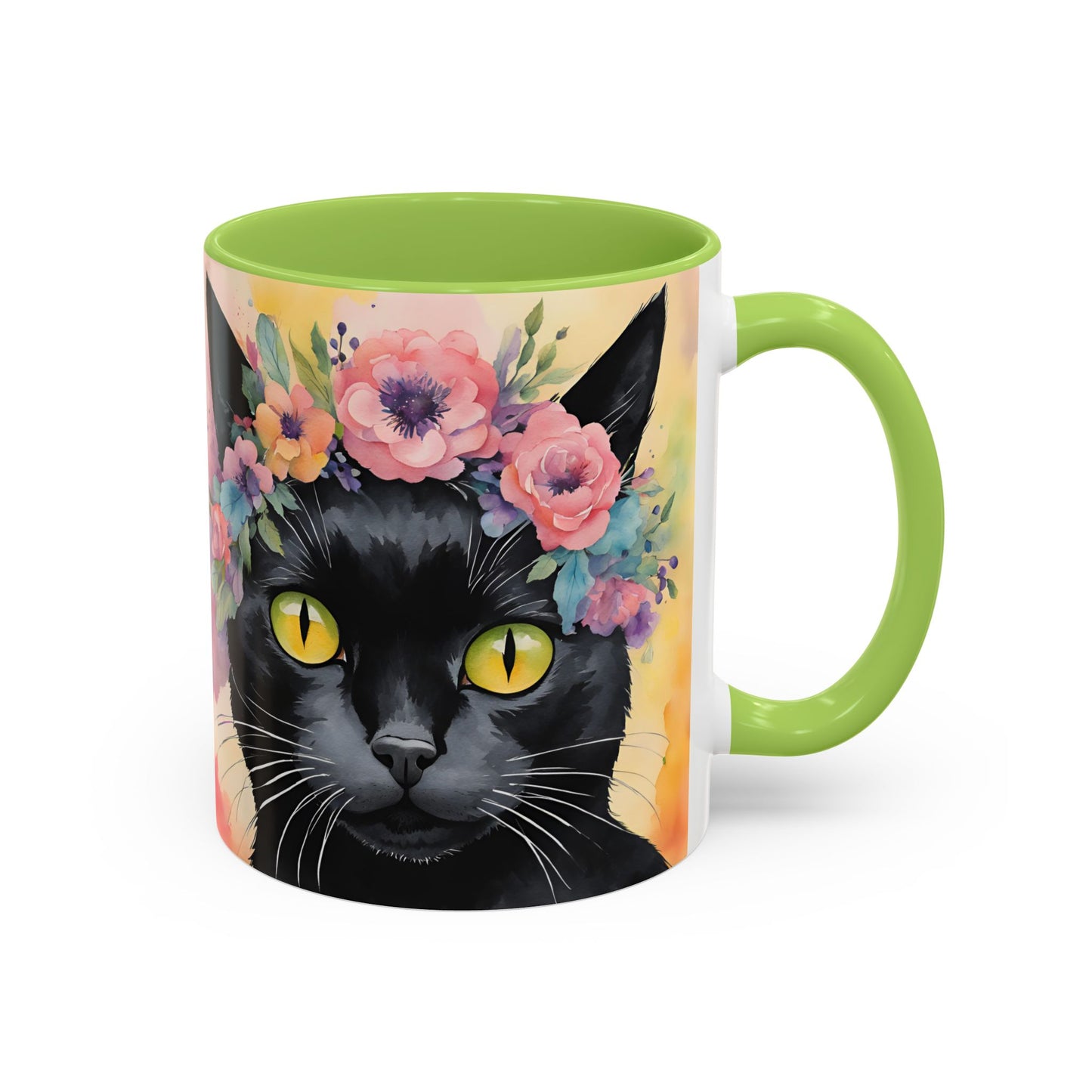 Floral Black Cat 02 Accent Coffee Mug - 11oz Perfect for Cat Lovers & Gifts