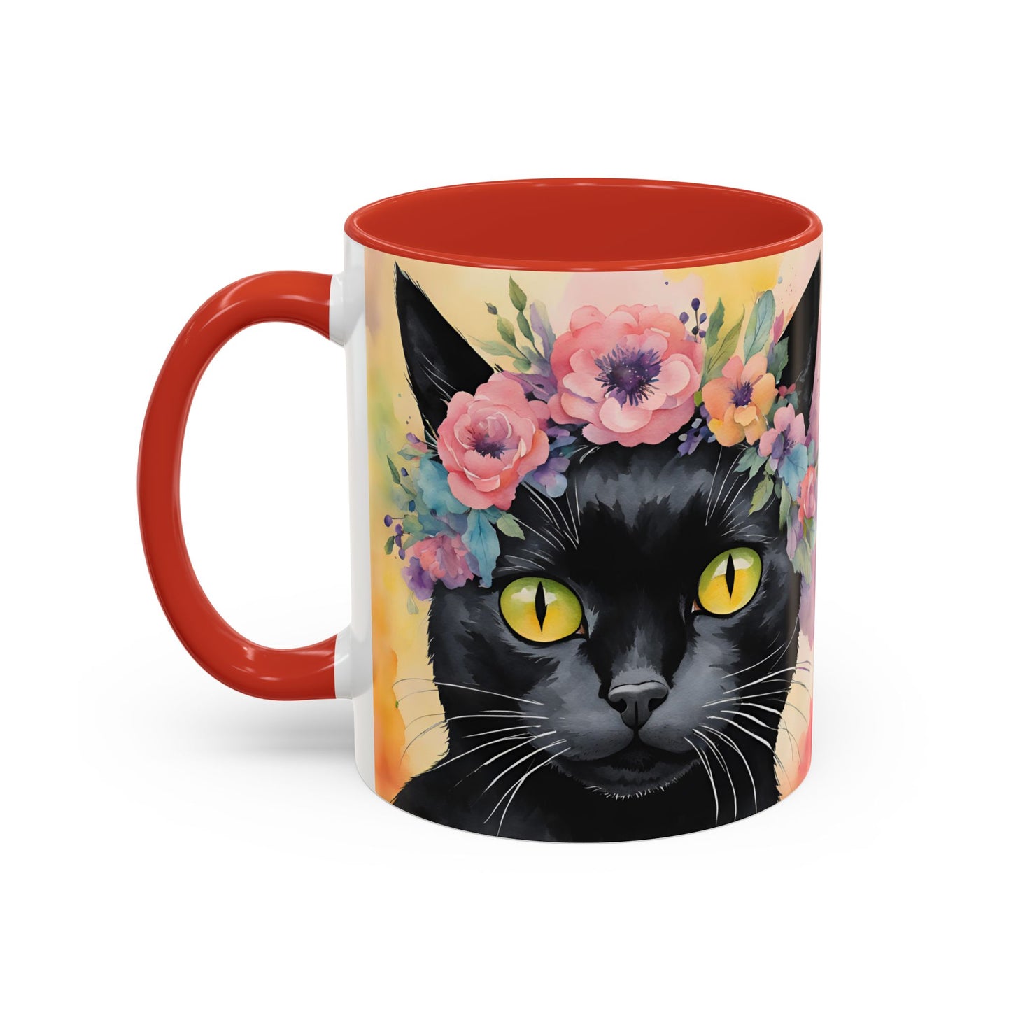 Floral Black Cat 02 Accent Coffee Mug - 11oz Perfect for Cat Lovers & Gifts