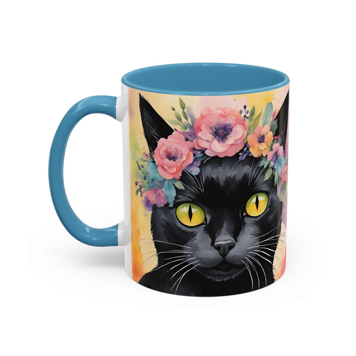 Floral Black Cat 02 Accent Coffee Mug - 11oz Perfect for Cat Lovers & Gifts