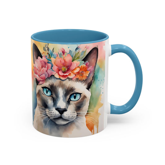Floral Siamese Cat 02 Accent Coffee Mug - 11oz Perfect for Cat Lovers & Gifts