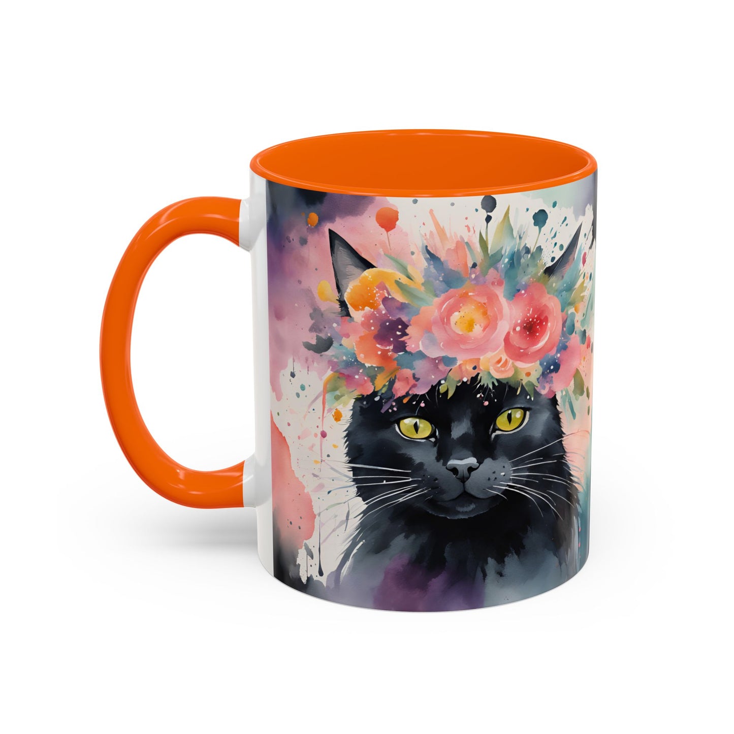 Floral Black Cat 03 Accent Coffee Mug - 11oz Perfect for Cat Lovers & Gifts