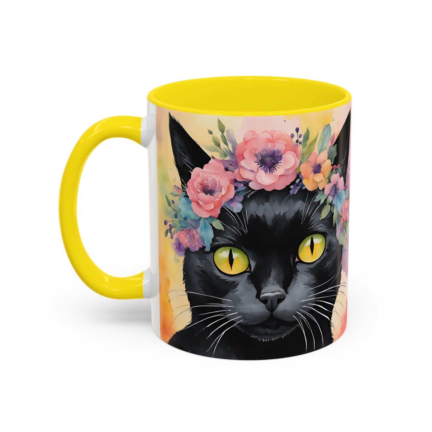 Floral Black Cat 02 Accent Coffee Mug - 11oz Perfect for Cat Lovers & Gifts