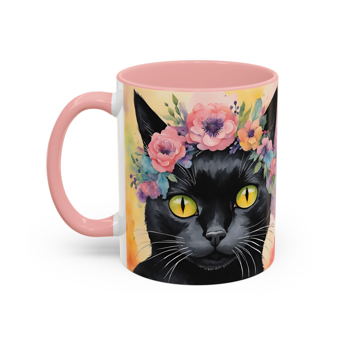 Floral Black Cat 02 Accent Coffee Mug - 11oz Perfect for Cat Lovers & Gifts