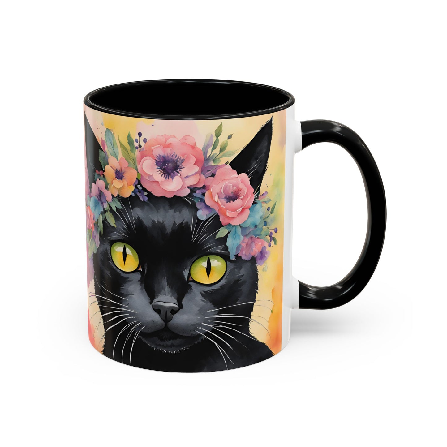 Floral Black Cat 02 Accent Coffee Mug - 11oz Perfect for Cat Lovers & Gifts