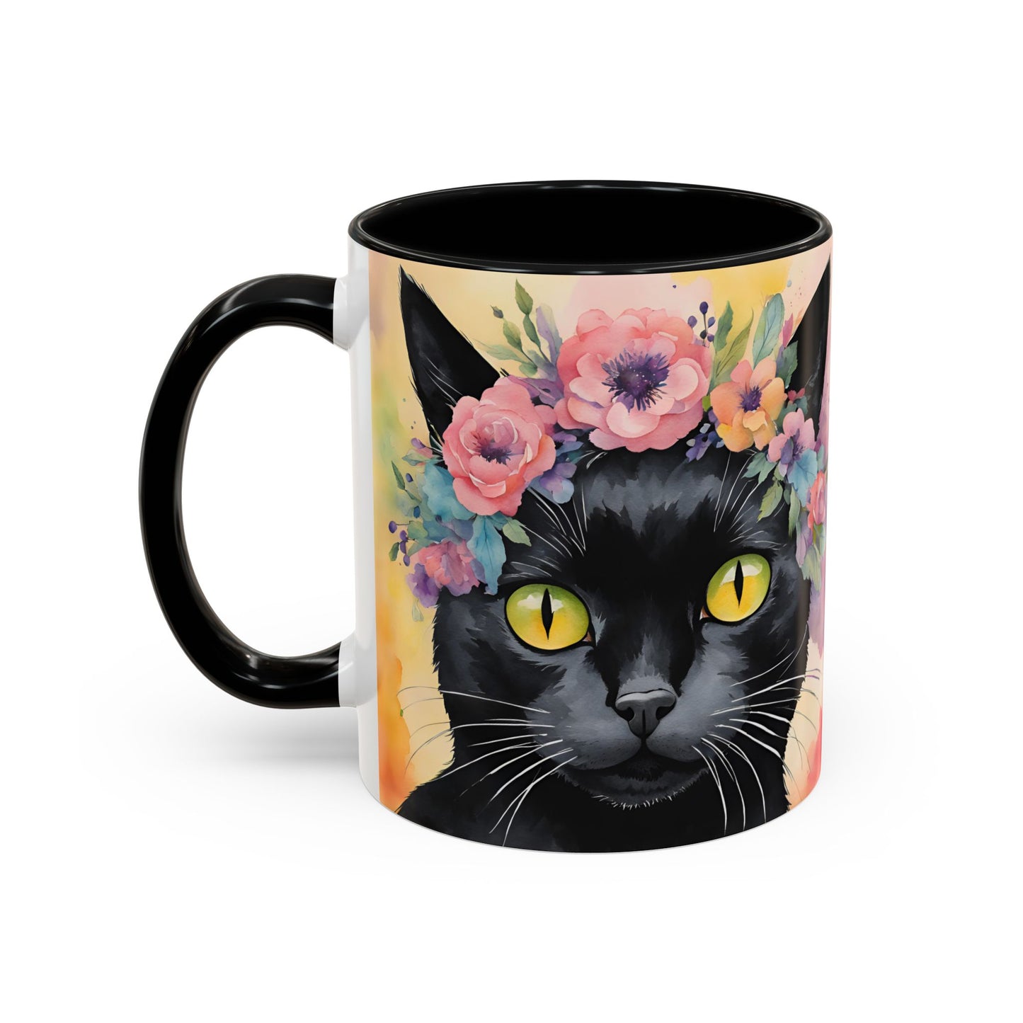 Floral Black Cat 02 Accent Coffee Mug - 11oz Perfect for Cat Lovers & Gifts