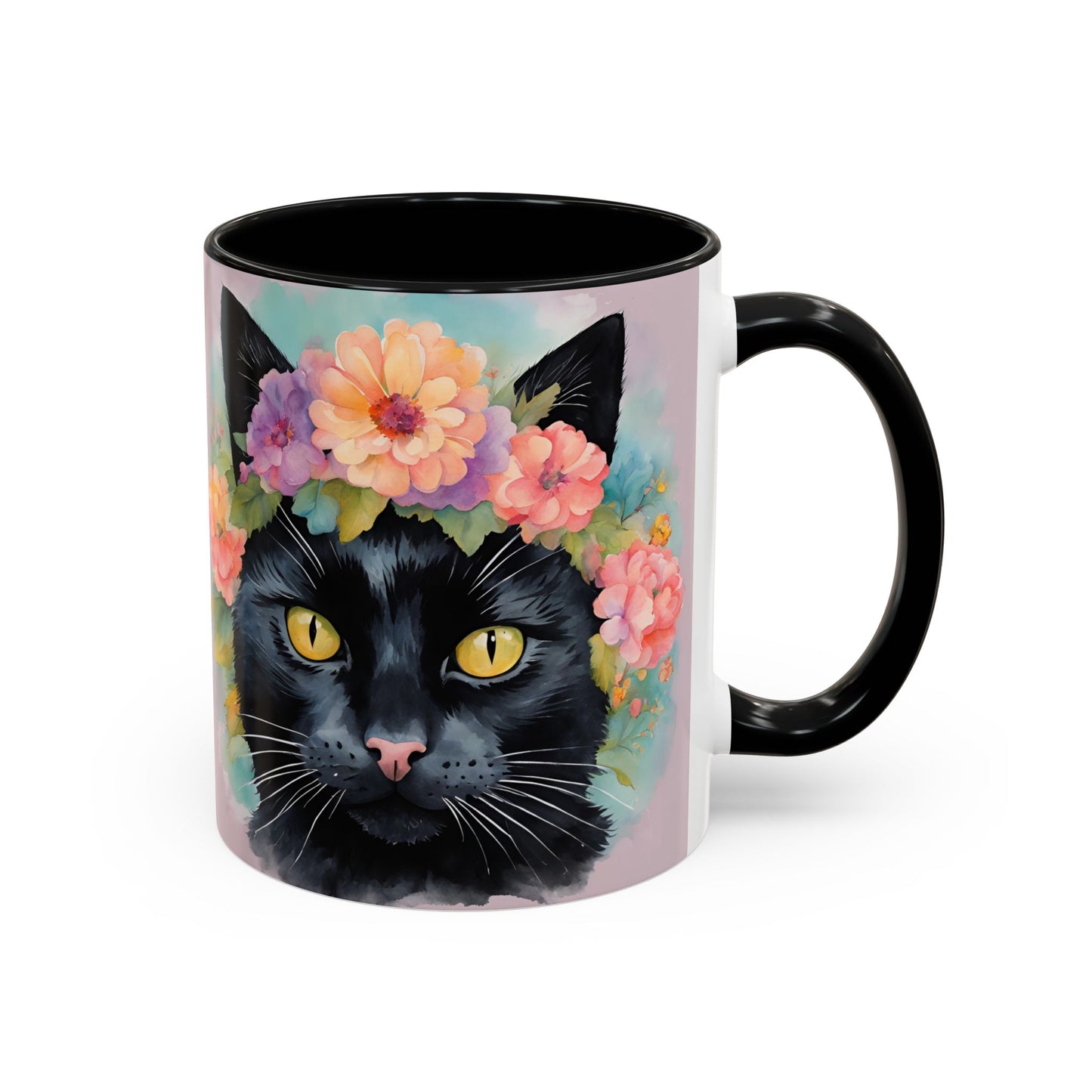 Floral Black Cat 01 Accent Coffee Mug - 11oz Perfect for Cat Lovers & Gifts