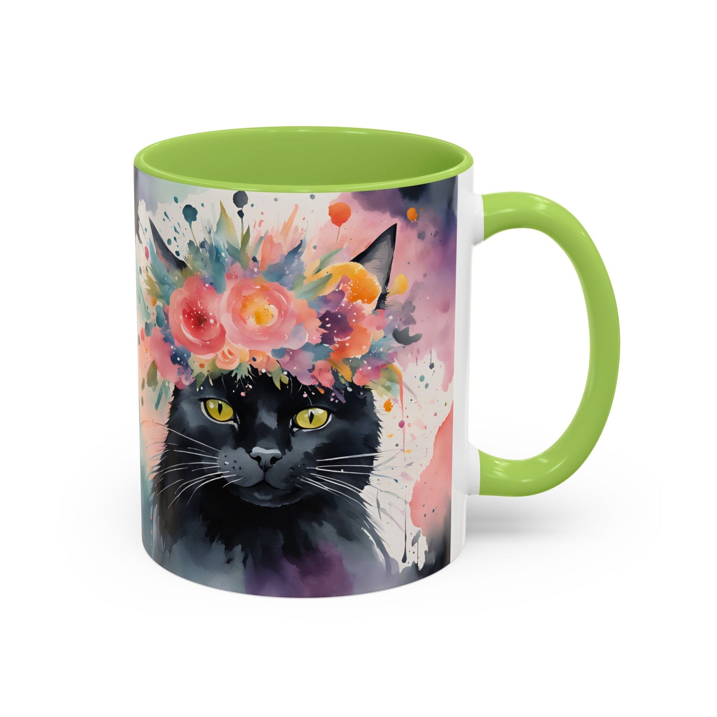 Floral Black Cat 03 Accent Coffee Mug - 11oz Perfect for Cat Lovers & Gifts