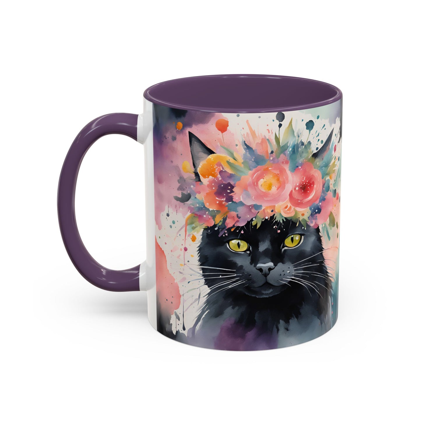 Floral Black Cat 03 Accent Coffee Mug - 11oz Perfect for Cat Lovers & Gifts