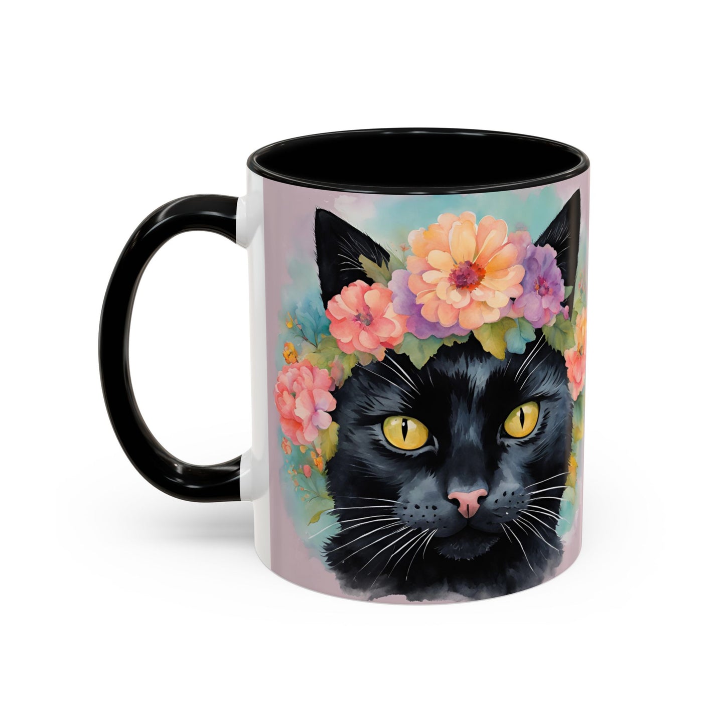 Floral Black Cat 01 Accent Coffee Mug - 11oz Perfect for Cat Lovers & Gifts
