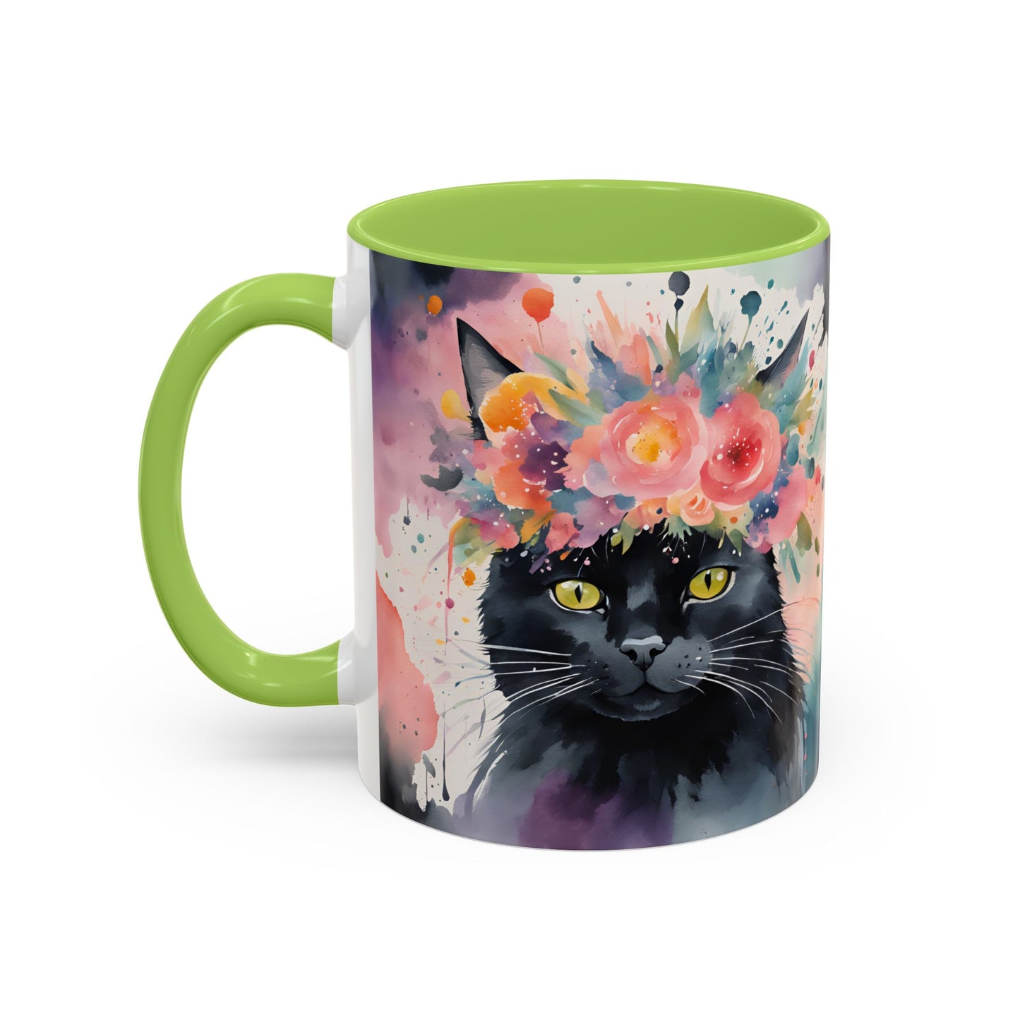 Floral Black Cat 03 Accent Coffee Mug - 11oz Perfect for Cat Lovers & Gifts