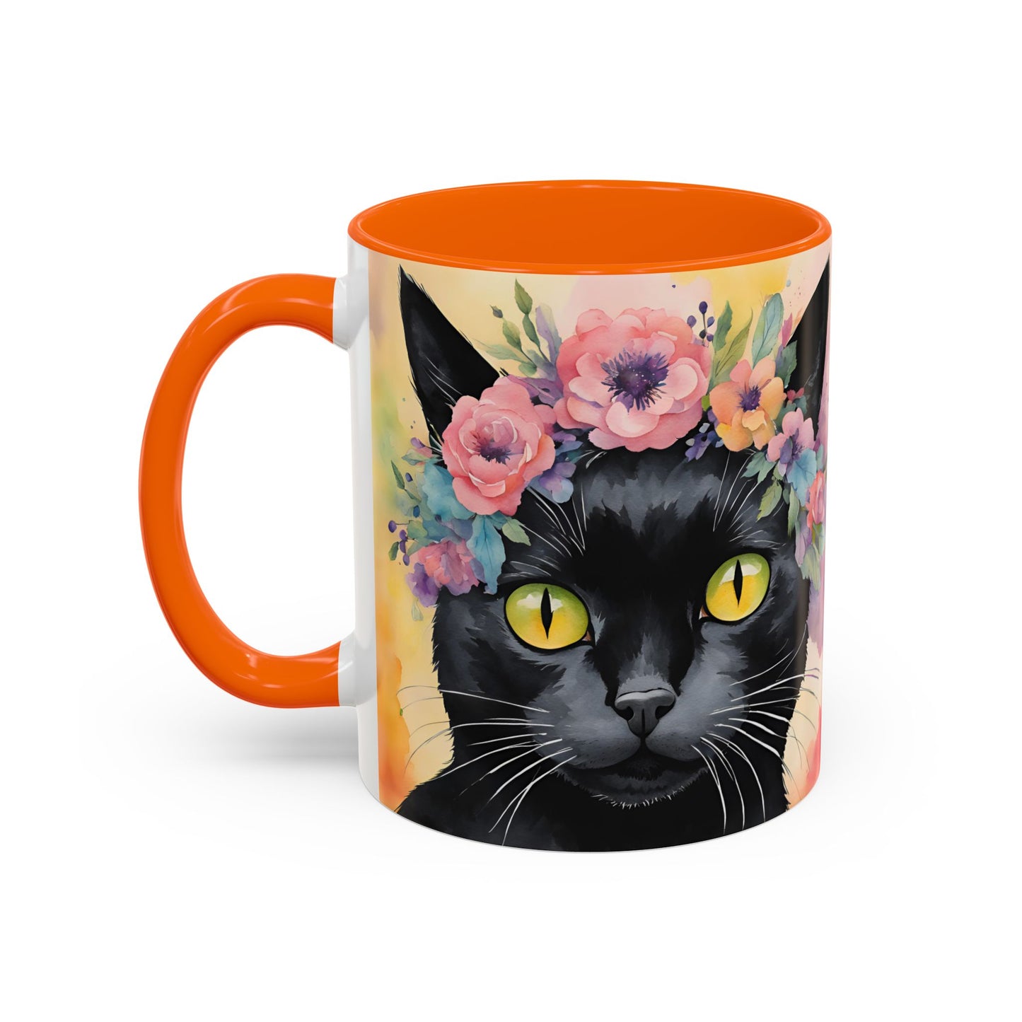 Floral Black Cat 02 Accent Coffee Mug - 11oz Perfect for Cat Lovers & Gifts