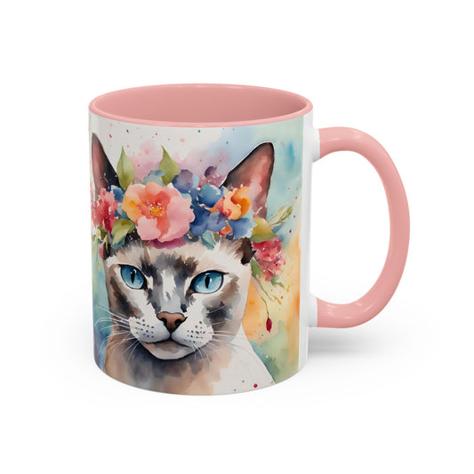 Floral Siamese Cat 03 Accent Coffee Mug - 11oz Perfect for Cat Lovers & Gifts