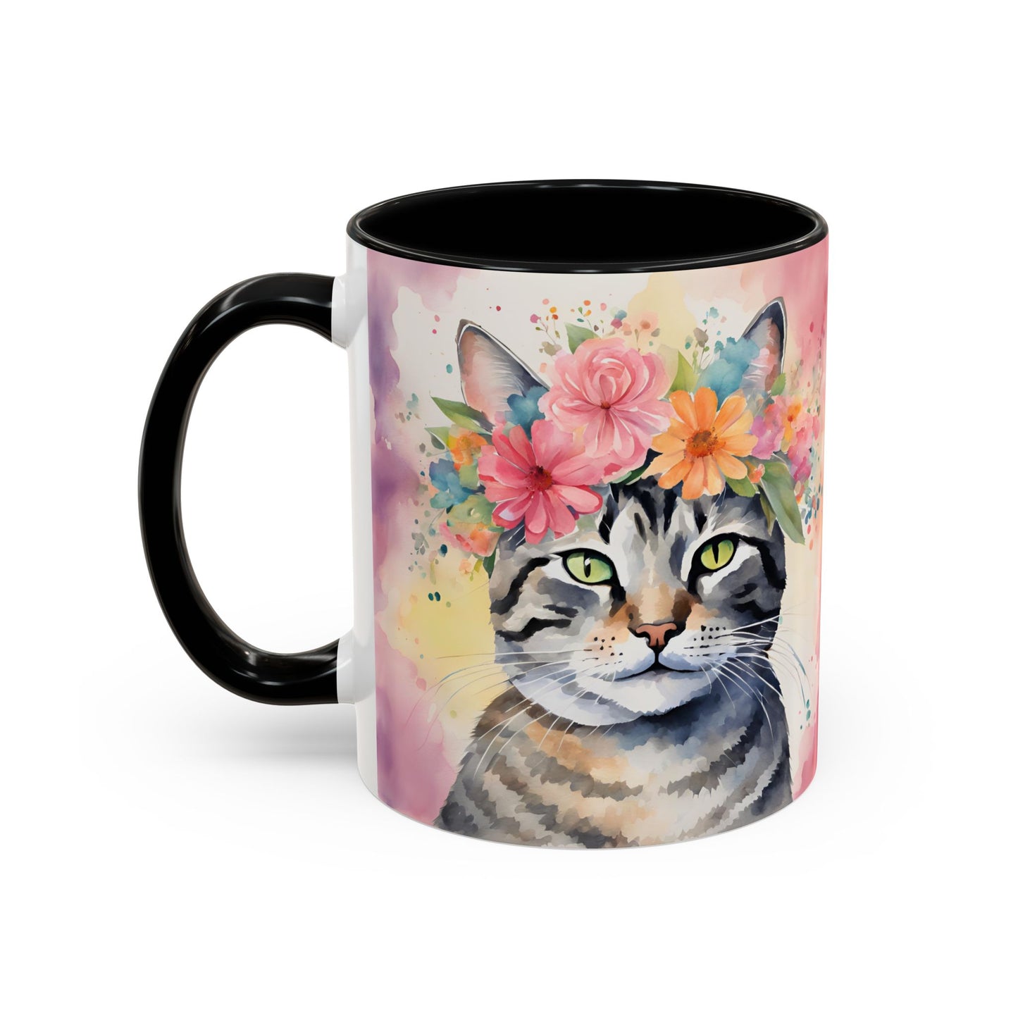 Floral Tabby Cat 02 Accent Coffee Mug - 11oz Perfect for Cat Lovers & Gifts