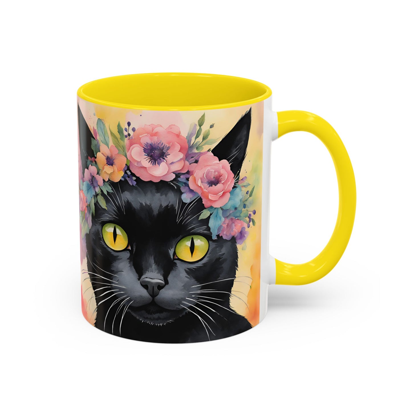 Floral Black Cat 02 Accent Coffee Mug - 11oz Perfect for Cat Lovers & Gifts