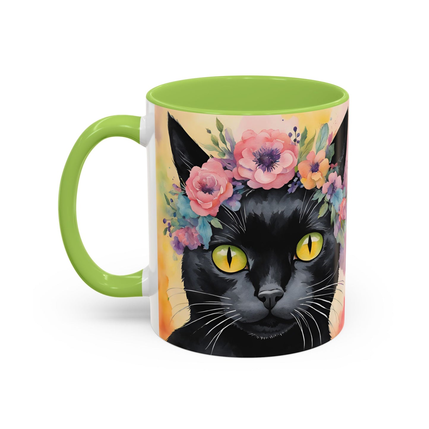 Floral Black Cat 02 Accent Coffee Mug - 11oz Perfect for Cat Lovers & Gifts