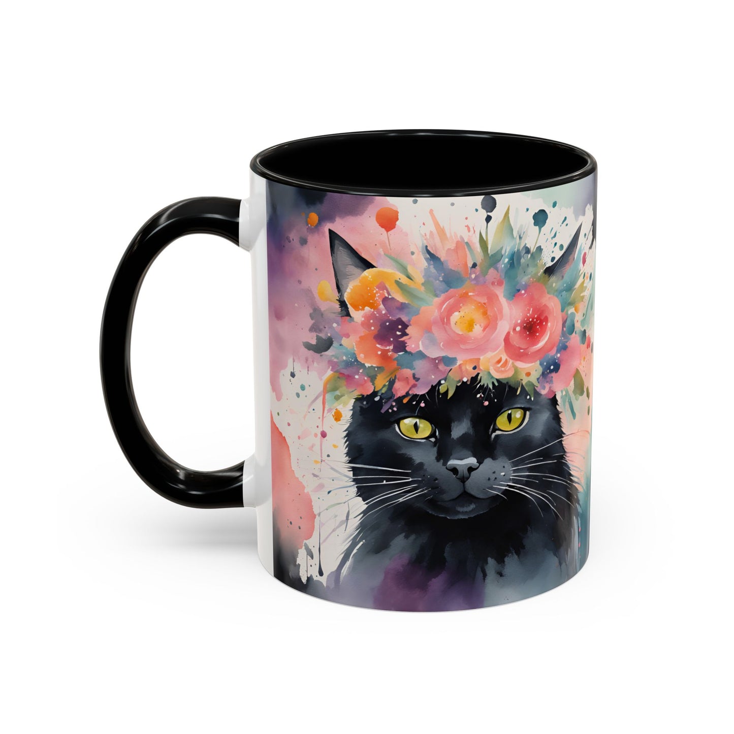 Floral Black Cat 03 Accent Coffee Mug - 11oz Perfect for Cat Lovers & Gifts