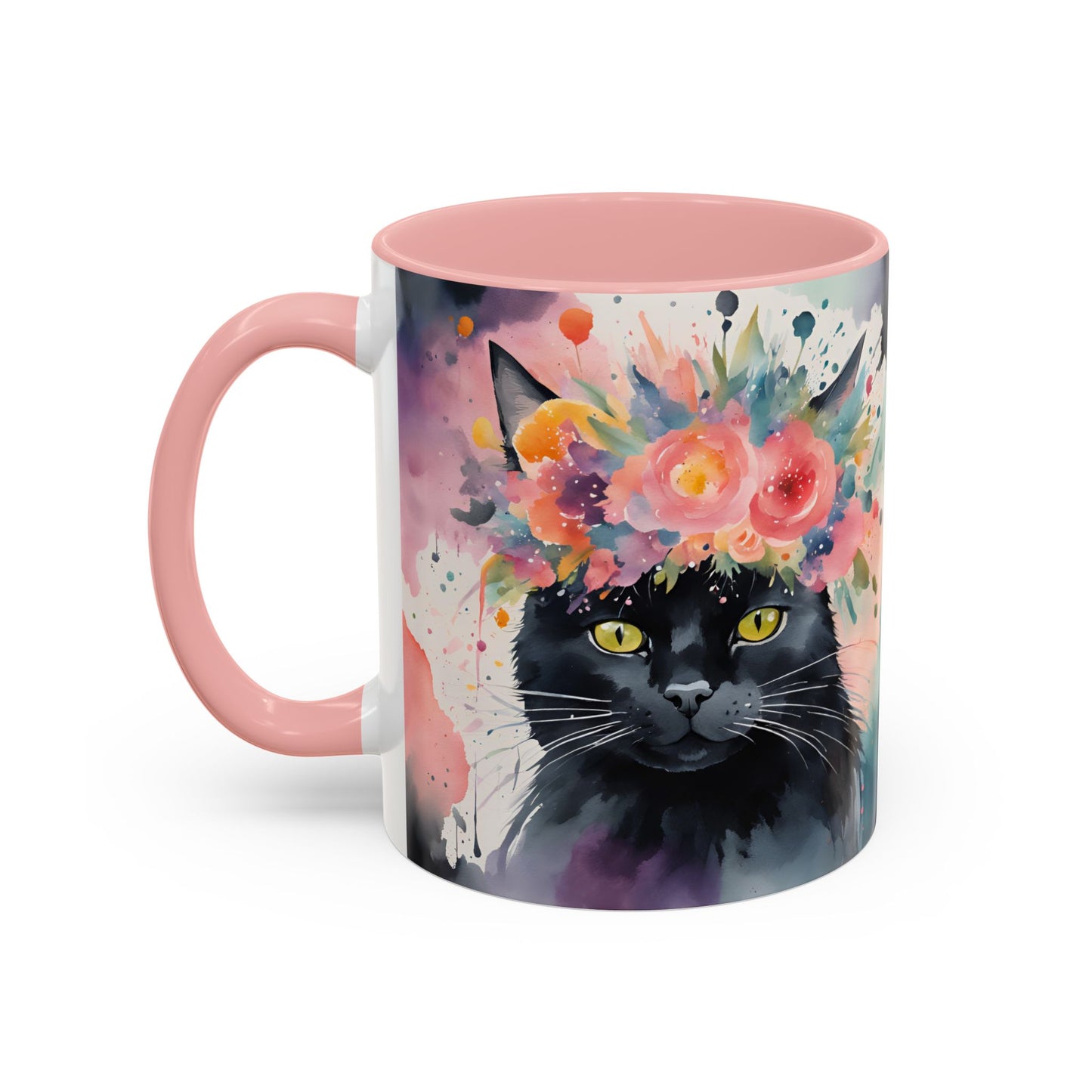 Floral Black Cat 03 Accent Coffee Mug - 11oz Perfect for Cat Lovers & Gifts