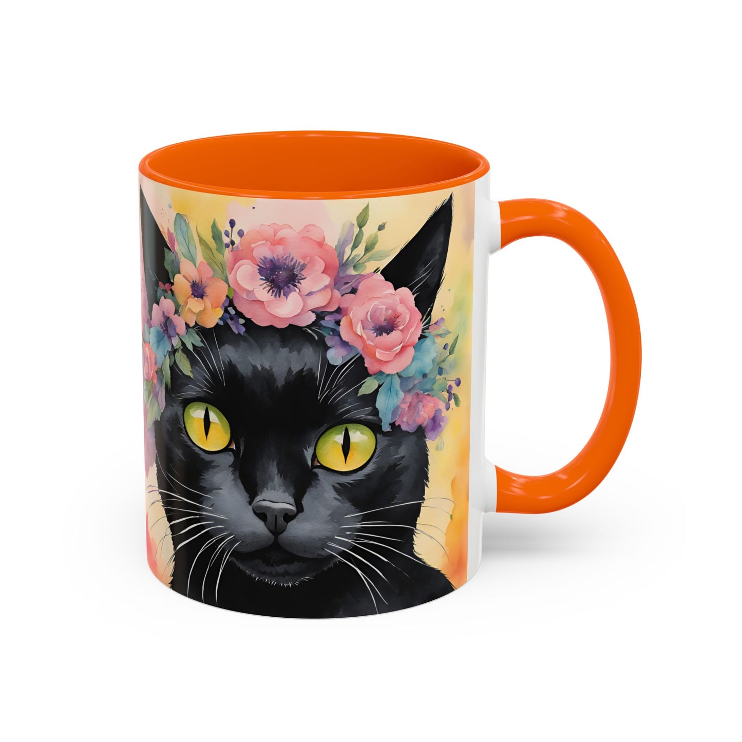 Floral Black Cat 02 Accent Coffee Mug - 11oz Perfect for Cat Lovers & Gifts