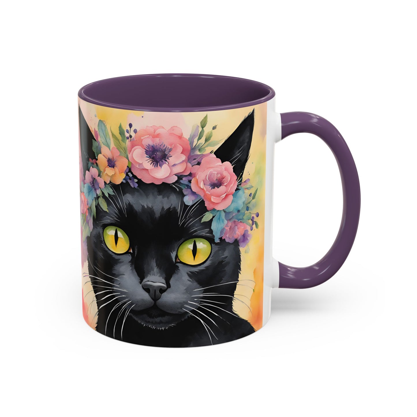 Floral Black Cat 02 Accent Coffee Mug - 11oz Perfect for Cat Lovers & Gifts
