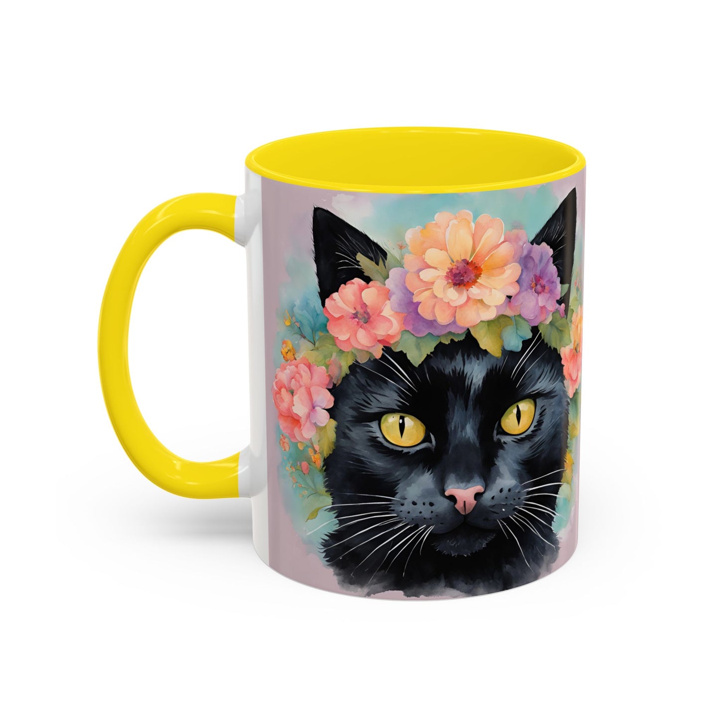 Floral Black Cat 01 Accent Coffee Mug - 11oz Perfect for Cat Lovers & Gifts
