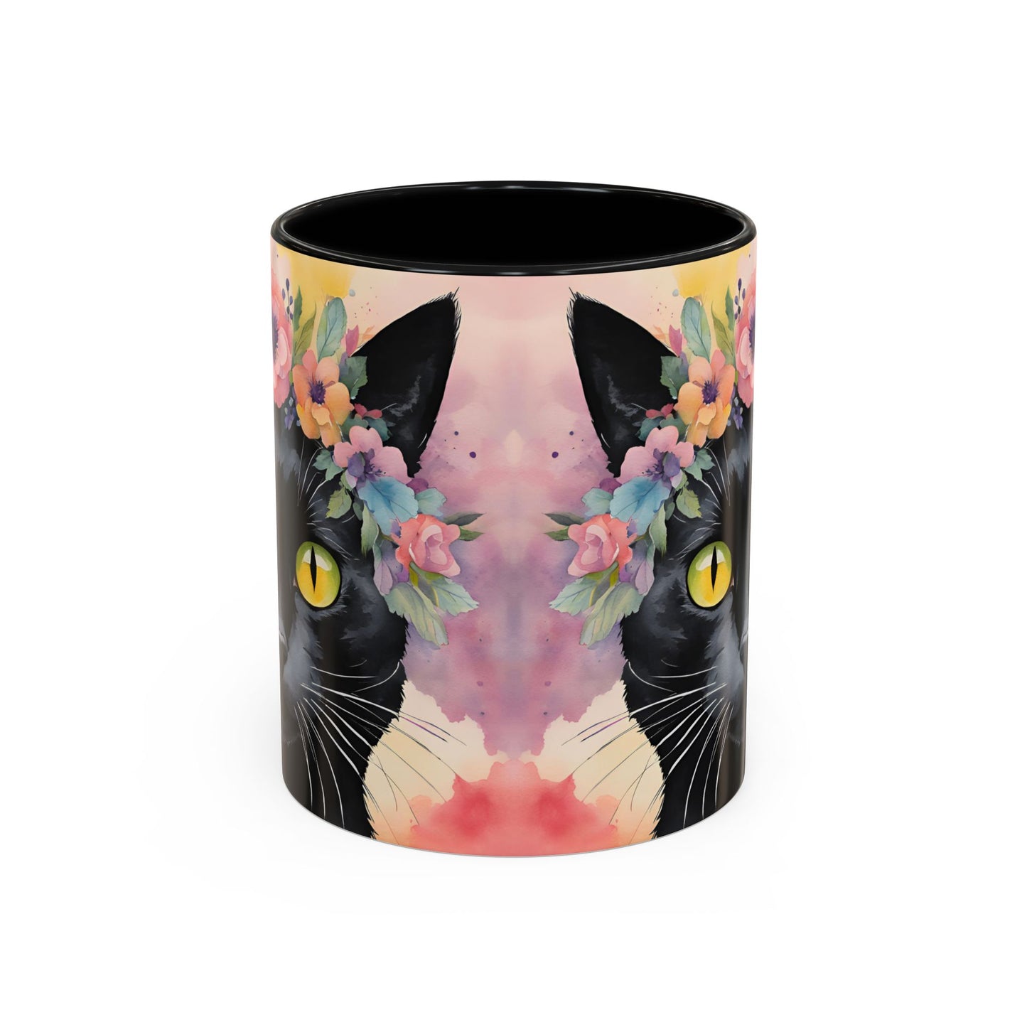 Floral Black Cat 02 Accent Coffee Mug - 11oz Perfect for Cat Lovers & Gifts