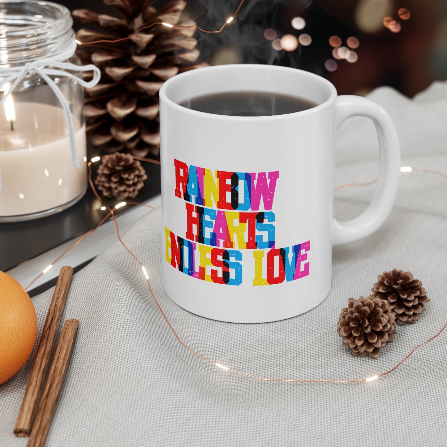 Rainbow Hearts Endless Love Valentines Mug Ceramic 11oz