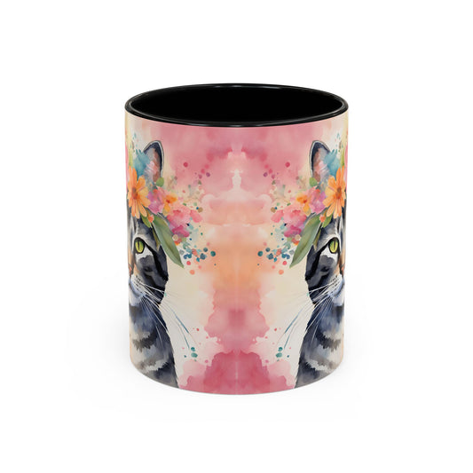 Floral Tabby Cat 02 Accent Coffee Mug - 11oz Perfect for Cat Lovers & Gifts