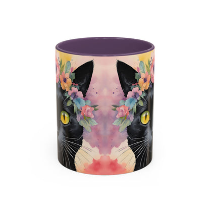 Floral Black Cat 02 Accent Coffee Mug - 11oz Perfect for Cat Lovers & Gifts