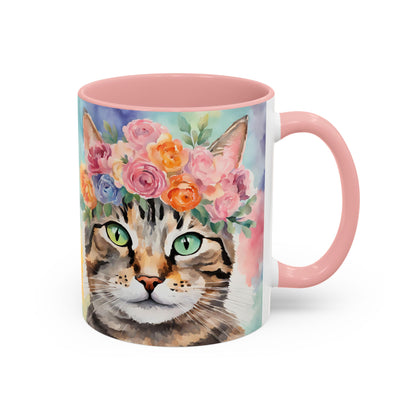 Floral Tabby Cat 01 Accent Coffee Mug - 11oz Perfect for Cat Lovers & Gifts