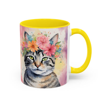 Floral Tabby Cat 02 Accent Coffee Mug - 11oz Perfect for Cat Lovers & Gifts