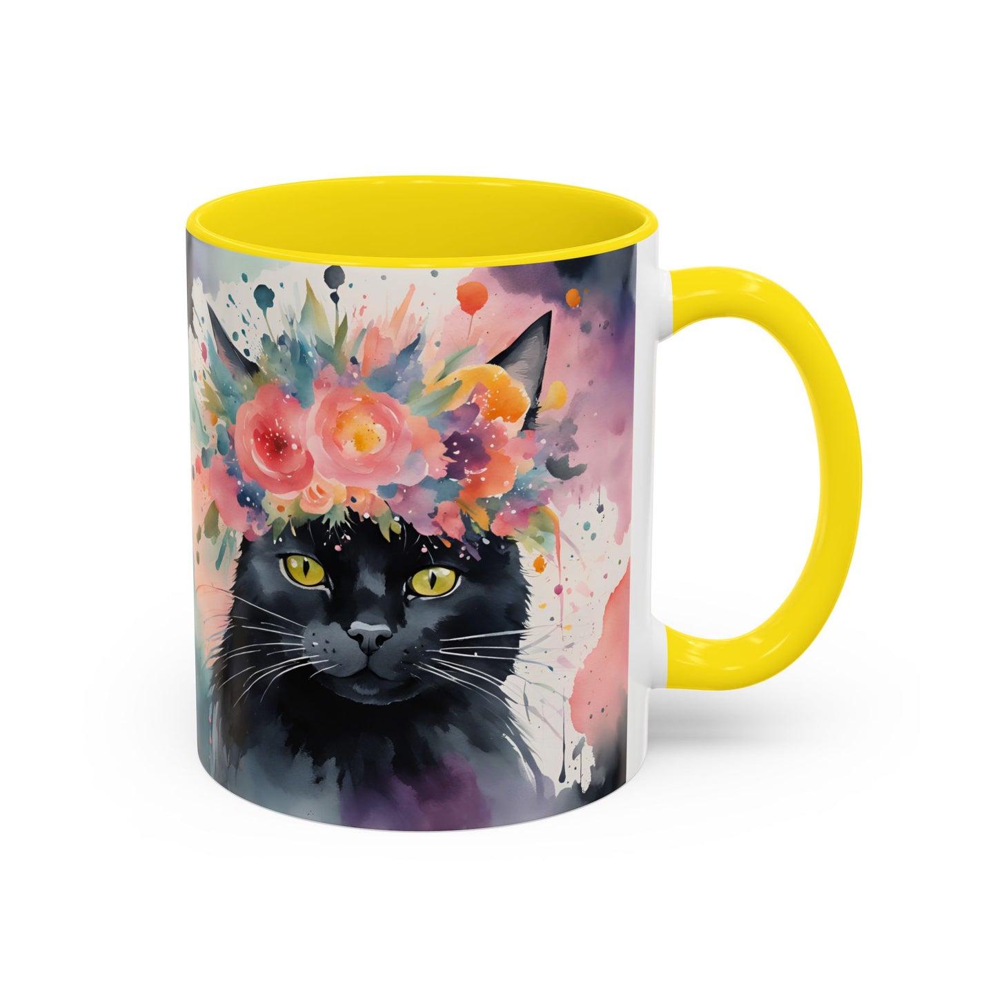 Floral Black Cat 03 Accent Coffee Mug - 11oz Perfect for Cat Lovers & Gifts
