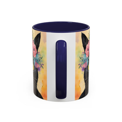Floral Black Cat 02 Accent Coffee Mug - 11oz Perfect for Cat Lovers & Gifts