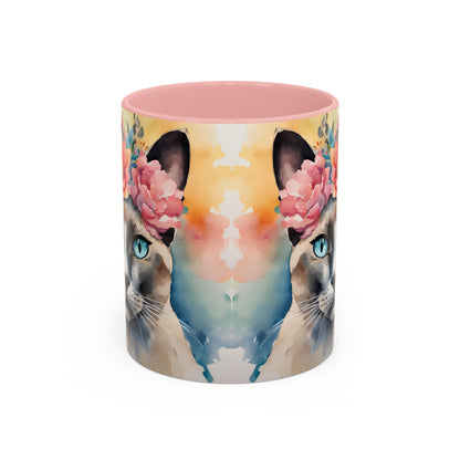 Floral Siamese Cat 02 Accent Coffee Mug - 11oz Perfect for Cat Lovers & Gifts