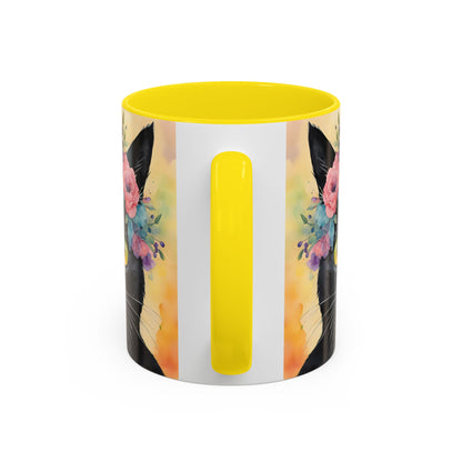 Floral Black Cat 02 Accent Coffee Mug - 11oz Perfect for Cat Lovers & Gifts