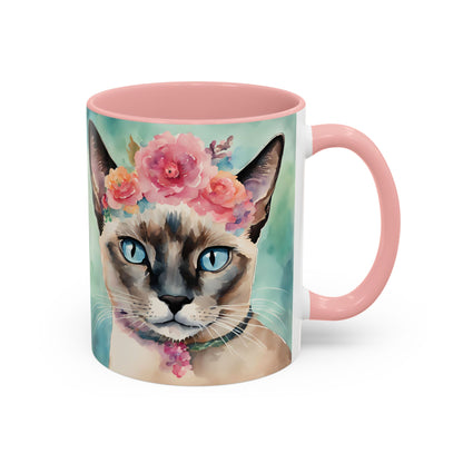 Floral Siamese Cat 01 Accent Coffee Mug - 11oz Perfect for Cat Lovers & Gifts