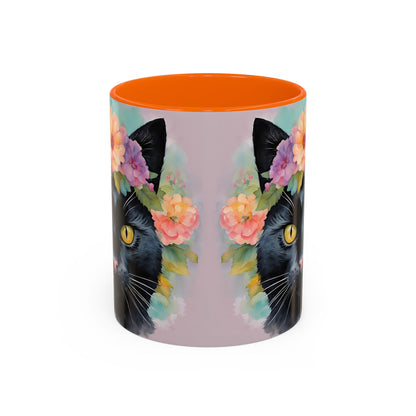 Floral Black Cat 01 Accent Coffee Mug - 11oz Perfect for Cat Lovers & Gifts