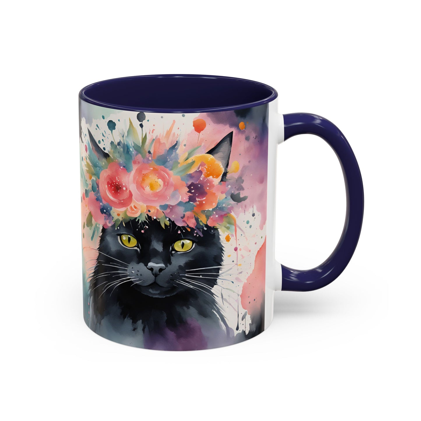 Floral Black Cat 03 Accent Coffee Mug - 11oz Perfect for Cat Lovers & Gifts