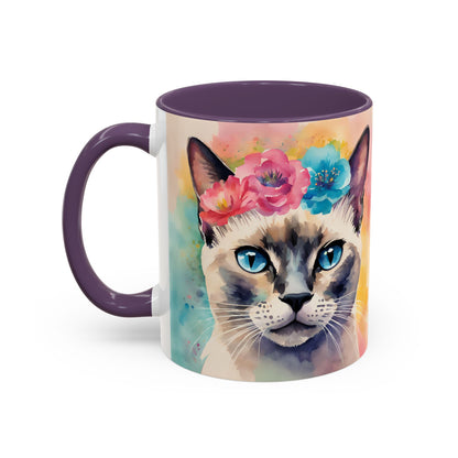 Floral Siamese Cat 04 Accent Coffee Mug - 11oz Perfect for Cat Lovers & Gifts