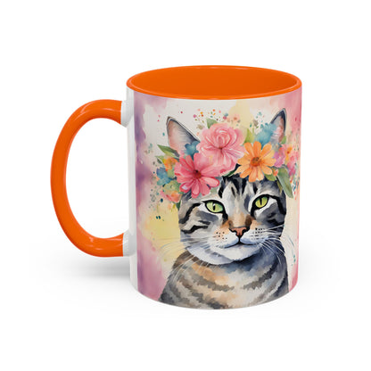 Floral Tabby Cat 02 Accent Coffee Mug - 11oz Perfect for Cat Lovers & Gifts