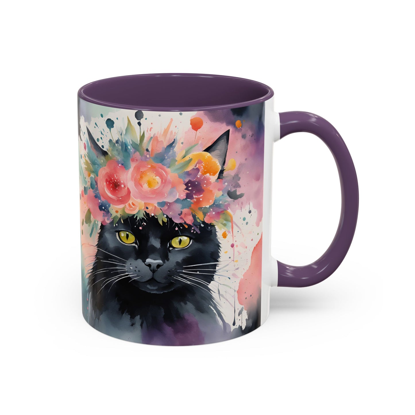 Floral Black Cat 03 Accent Coffee Mug - 11oz Perfect for Cat Lovers & Gifts