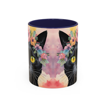 Floral Black Cat 02 Accent Coffee Mug - 11oz Perfect for Cat Lovers & Gifts