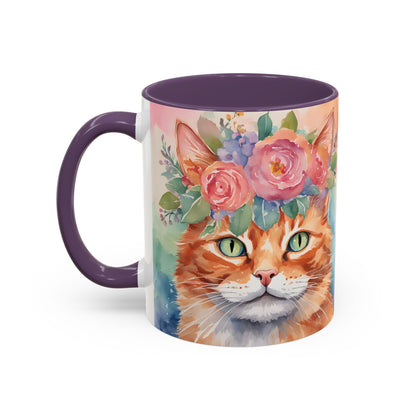 Floral Ginger Cat 01 Accent Coffee Mug - 11oz Perfect for Cat Lovers & Gifts