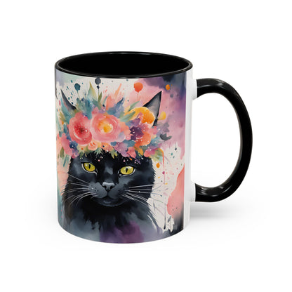 Floral Black Cat 03 Accent Coffee Mug - 11oz Perfect for Cat Lovers & Gifts