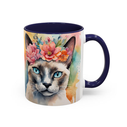 Floral Siamese Cat 02 Accent Coffee Mug - 11oz Perfect for Cat Lovers & Gifts