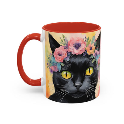 Floral Black Cat 02 Accent Coffee Mug - 11oz Perfect for Cat Lovers & Gifts